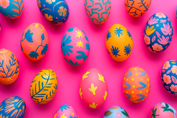 Easter eggs  vibrant neon colors on a dark pink background , Easter card