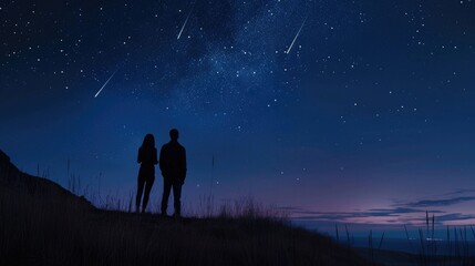 Obraz na płótnie Canvas couple with their backs to each other, standing on top of a hill, witnessing the beauty of a meteor shower in the night sky generative ai