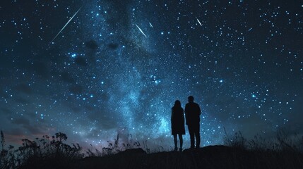 Fototapeta na wymiar couple with their backs to each other, standing on top of a hill, witnessing the beauty of a meteor shower in the night sky generative ai