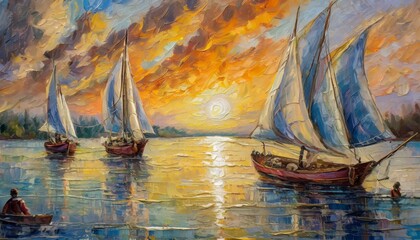 a realistic oil painting on canvas illustrating the enchanting scene of boats drifting under a brilliant sunset. Focus on the details of the boats, capturing the texture of the sails and the reflectio