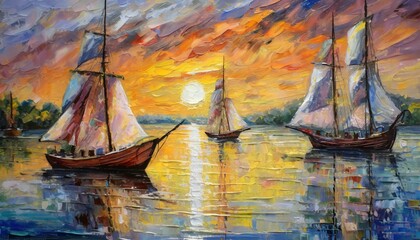ship at sunset.a realistic oil painting on canvas illustrating the enchanting scene of boats drifting under a brilliant sunset. Focus on the details of the boats, capturing the texture of the sails an