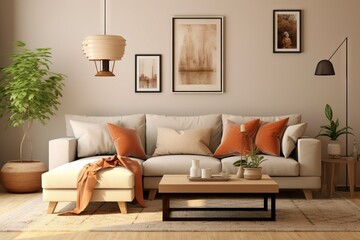 A modern living room with minimalist furniture, a beige sofa and a stylish standing lamp, against a warm peach wall.
