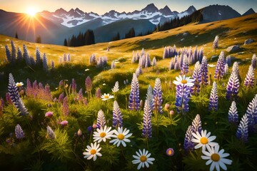 Lupines, chamomiles and other wild flowers on an Alpine meadow during sunrise - obrazy, fototapety, plakaty