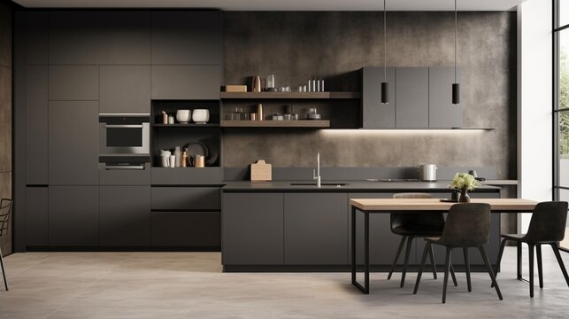 a minimalist kitchen with monochromatic tones, where clean surfaces and hidden storage solutions create an uncluttered space, allowing the beauty of simplicity to shine,