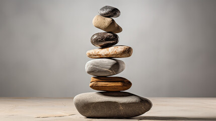 A stack of weathered stones, each with a unique shape and texture, symbolizing strength and resilience Ai Generative