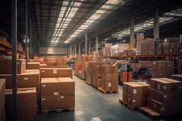 Logistics Mastery: E-commerce Fulfillment with a Warehouse Featuring Efficient Physical Storage, Boxes Packed on Shelves, and Automated Technology for Streamlined Order Processing.