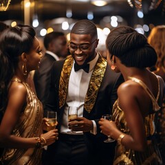 Smiling, elegantly, dressed in a black and gold suit, a Black man and two Black women in gold dresses or having glasses of champagne. Celebrating Black History Month! - obrazy, fototapety, plakaty