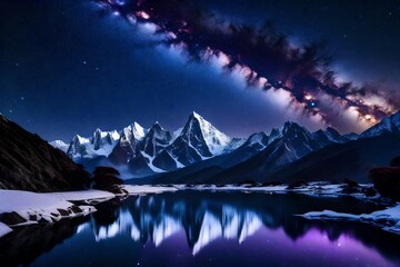 Milky Way over snowy mountains and lake at night. Landscape with snow covered high rocks, purple starry sky, reflection in water in Nepal. Sky with stars. Bright milky way in Himalayas. Space. Nature