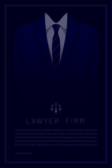 poster template with elegant suit background and symbol of justice, vector design for law firm in blue tones
