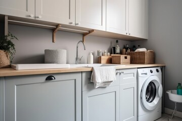 View of home laundry room dresser with detergent powder towels open washing machine