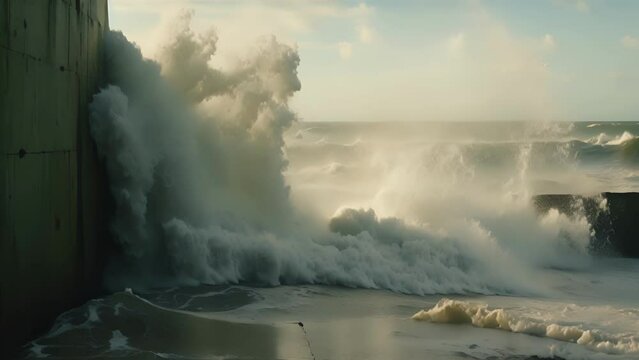 A slowmotion video of waves crashing against a halfsubmerged wall, leaving behind visible water level imprints as the tide recedes.