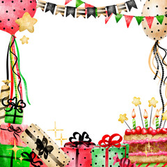 Birthday PNG frame clipart party digital border with transparent background, Bday theme clipart printable 
poster, air balloons, gift boxes and cake with candles graphic
