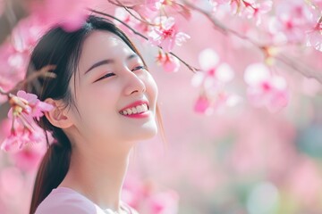 桜と笑顔の日本人女性のポートレート（春・花見・卒業・入学・幸せ）
