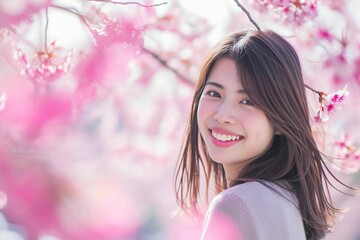 Fototapeta premium 桜と笑顔の日本人女性のポートレート（春・花見・卒業・入学・幸せ）