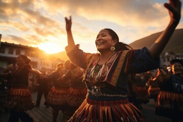 Sunset Rhythms in Quito: Cultural Heritage as Happy Women, Adorned in Local Costume, Gracefully...