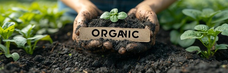 The soil and hands of a farmer in work gloves hold a sign with the inscription "ORGANIC" and a young plant. Concept: Growing and farming methods. Ecological products
