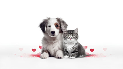 A cat and a dog with red hearts isolated on a white background. A holiday card.