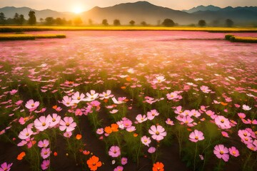 Beautiful in spring fields and the plant of cosmos flowers at Boonrawd farm on a sunny day, Chiang Ra