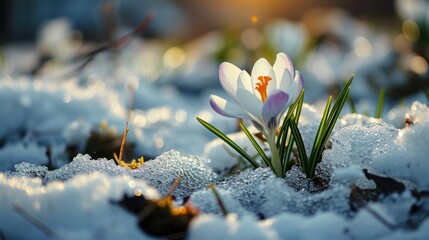 white crocuses broke out from under the snow - spring flowers bloom in the forest on a sunny day,...
