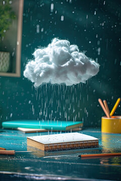 A tiny cloud raining above a desk
