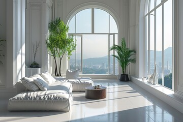 Modern style white living room with large open door overlooking city view 3d render, Decorate with white fabric furniture ,Sunlight shines into the room