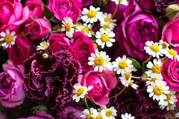 A bouquet of pink roses with daisies is a gift for women on March 8th or Valentine's Day
