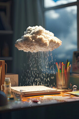 A tiny cloud raining above a desk