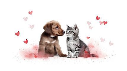 A cat and a dog with red hearts isolated on a white background. A holiday card.