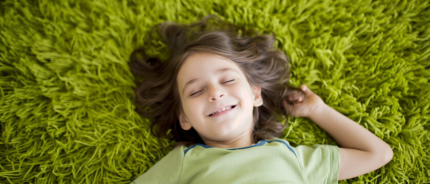 Criança deitada em um tapete verde peludo