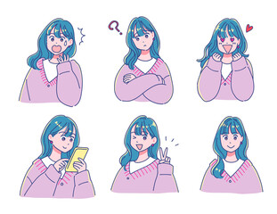 ロングヘアの女の子の表情セット