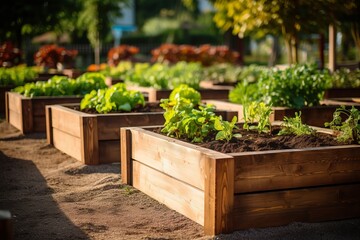 Fototapeta na wymiar Vegetable garden in the city, wooden beds for growing vegetables, hobbies and recreation