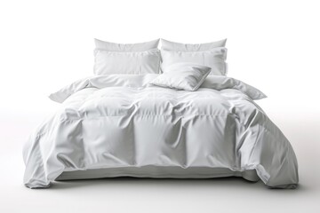 A bed with a white comforter and pillows.