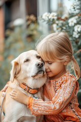 Blonde little girl caring and playing with her pet puppy dog outdoors