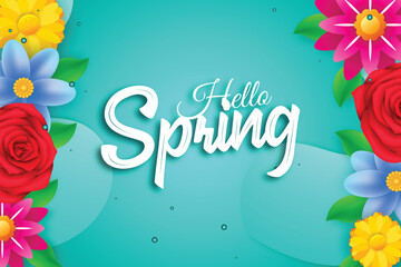 Hello spring vector design. Hello spring greeting text with colorful camellia flowers and leaves elements in blue floral background for spring season. Vector illustration