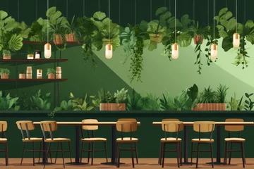 Poster Illustration of a modern cafe or restaurant with a living wall of greenery, biophilic design, vertical gardening, eco friendly green nature design landscape in building © serz72