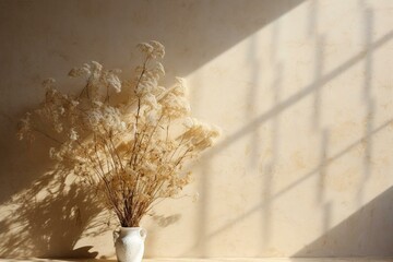 Dried gypsophila casting window shadow on a beige wall. Generative AI - obrazy, fototapety, plakaty