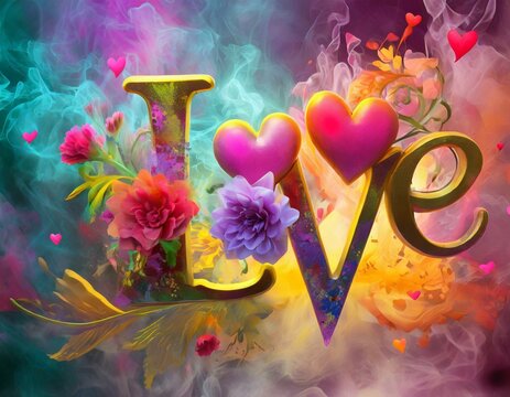 Name " Love" written on the background, small colorful touches of 3D paint and with colorful flowers and pink and purple yellow and red smoke included. Everything in front with hearts in neon
