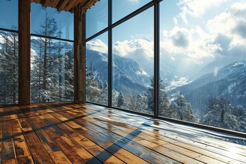 Wooden floor and huge French panoramic windows in a large room. AI generated. Winter landscape and...