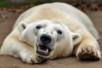 A cartoon polar bear lying on its back, mouth open, eyes wide, paw on the ground, foot on the ground. Generative AI