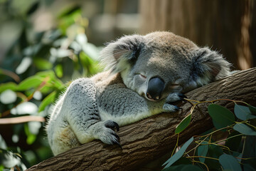Fototapeta premium A koala curled up on a branch and took a nap.