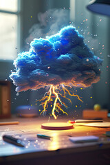 A tiny dark cloud with lightning above a desk