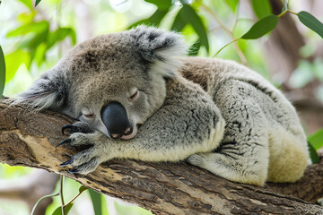 Fototapeta premium A koala curled up on a branch and took a nap.