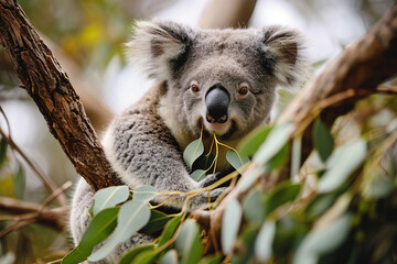 A koala perched on a eucalyptus branch and calmly chewed on a leaf.