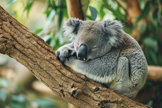A koala curled up on a branch and took a nap.