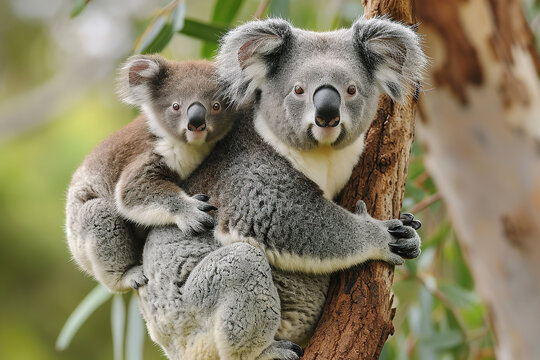 Mother and baby koala hug each other