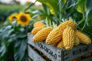 "NON-GMO" sign in a cornfield
