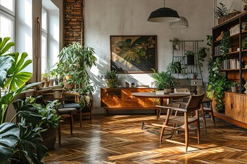 Stylish scandinavian open space with design furniture, plants, bamboo bookstand and wooden desk. Brown wooden parquet. Abstract painting. Modern decor of bright room next to dining room