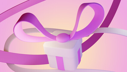 Cute 3d illustration of cartoon closed 3d pink and white present against gradient background. Minimal concept. 3d illustration highly usable. Celebration, surprise, gift, box, present. Pink yellow.