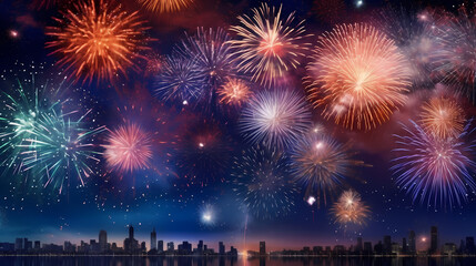 Happy New Year, burning fireworks with bokeh light background