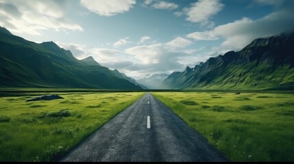 a path or road trough between green nature landscape, green grass, beautiful scenery nature wallpaper - Powered by Adobe